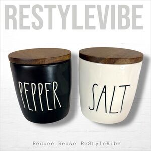 RAE DUNN By MAGENTA Salt & Pepper Cellar Set Artisan Collection Ceramic Jar Wood